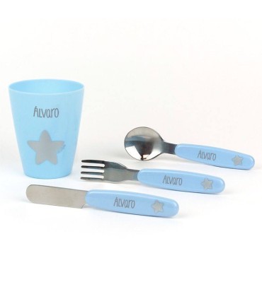 Cubiertos y vaso celeste personalizado