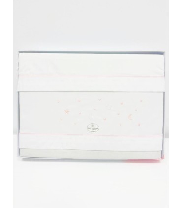 Juego sábana tela minicuna estrellas luna corazon marfil/rosa