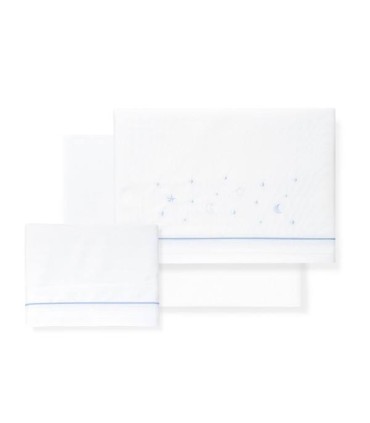 Juego sábana tela minicuna estrellas luna corazon bl/celeste