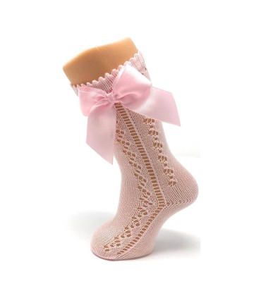 Calcetín calado perlé lazo rosa