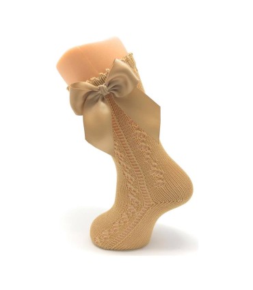 Calcetín calado perlé lazo camel