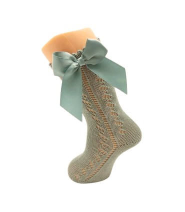 Calcetín calado perlé lazo verde prado