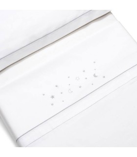 Juego sábana tela coche y minicuna estrellas luna corazon bl/gris