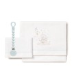Juego sábanas CUNA de tela elegante bco/azul con chupetero