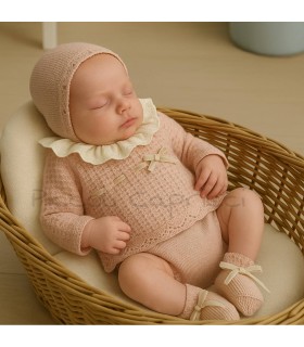 Conjunto lana 4 piezas lazo tundosado rosa nude