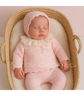 Conjunto lana 3 pzs tira bordada y cinta terciopelo rosa