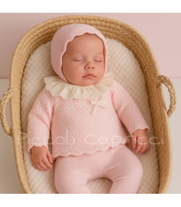 Conjunto lana 3 pzs tira bordada y cinta terciopelo rosa