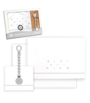 Juego sábanas CUNA de tela luna multicolor gris con chupetero