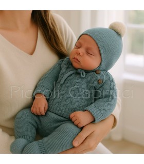 Conjunto jersey, polaina y gorro trenzado musgo azul verdoso