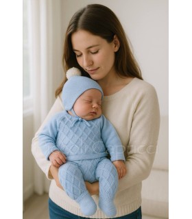 Conjunto jersey, polaina y gorro trenza polaina celeste