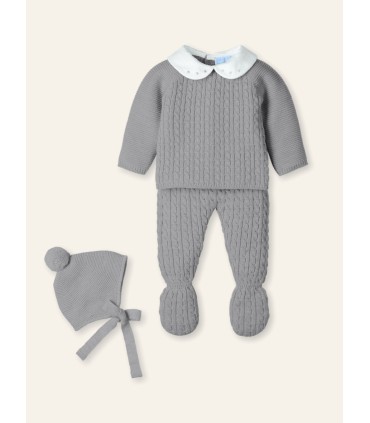 Traje 3P trencitas con cuello bordado y gorro pompom "CLOUD BRAIDE" luna